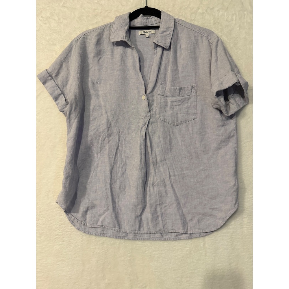 Madewell Central Shirt Blue Linen Blend Short Sleeve Button‎ Up NE162 Womens S